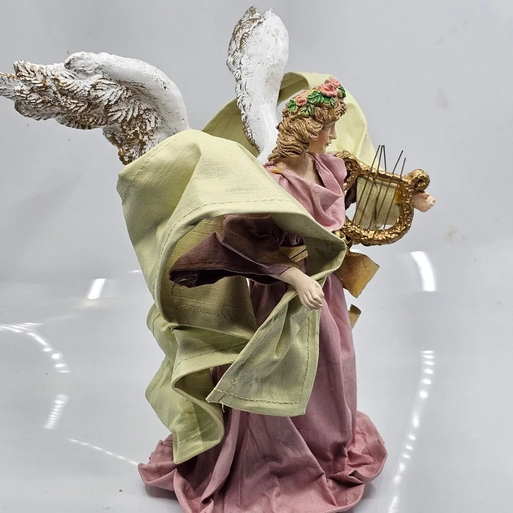 Vtg Angel Christmas Tree‎ Topper Figurine Pink Gown Gold Harp Resin Fabric 10